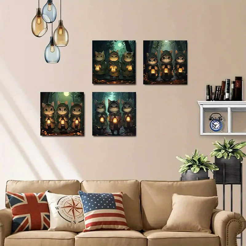 4pcs Whimsical Cat Figures In Enchanted Forest Wall Art Canvas Framed