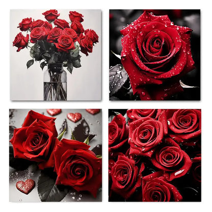 4pcs Black And Red Rose   BR Wall Art Canvas Framed