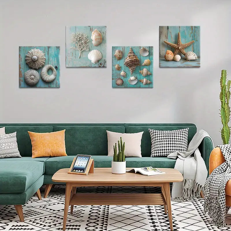 4pcs Nautical Design Paintings, Rustic Turquois  Wall Art Canvas Framed