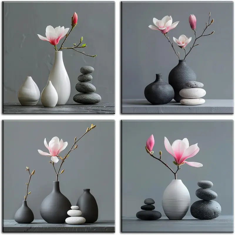 4pcs Black Vases With Pink Magnolia Flowers & St  Wall Art Canvas Framed