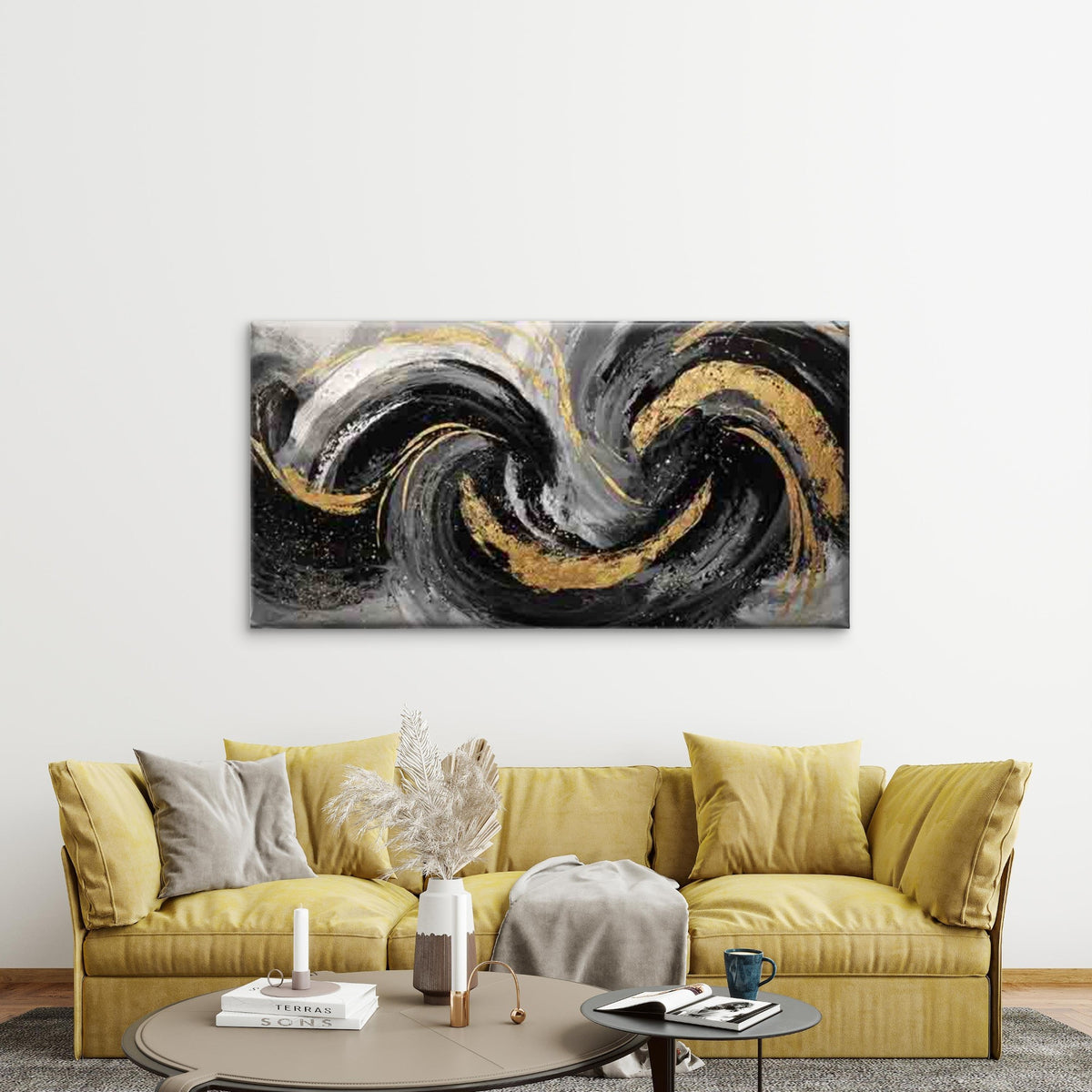 Abstract Black White Golden Wall Art Canvas Office Home Room Framed 120x60cm