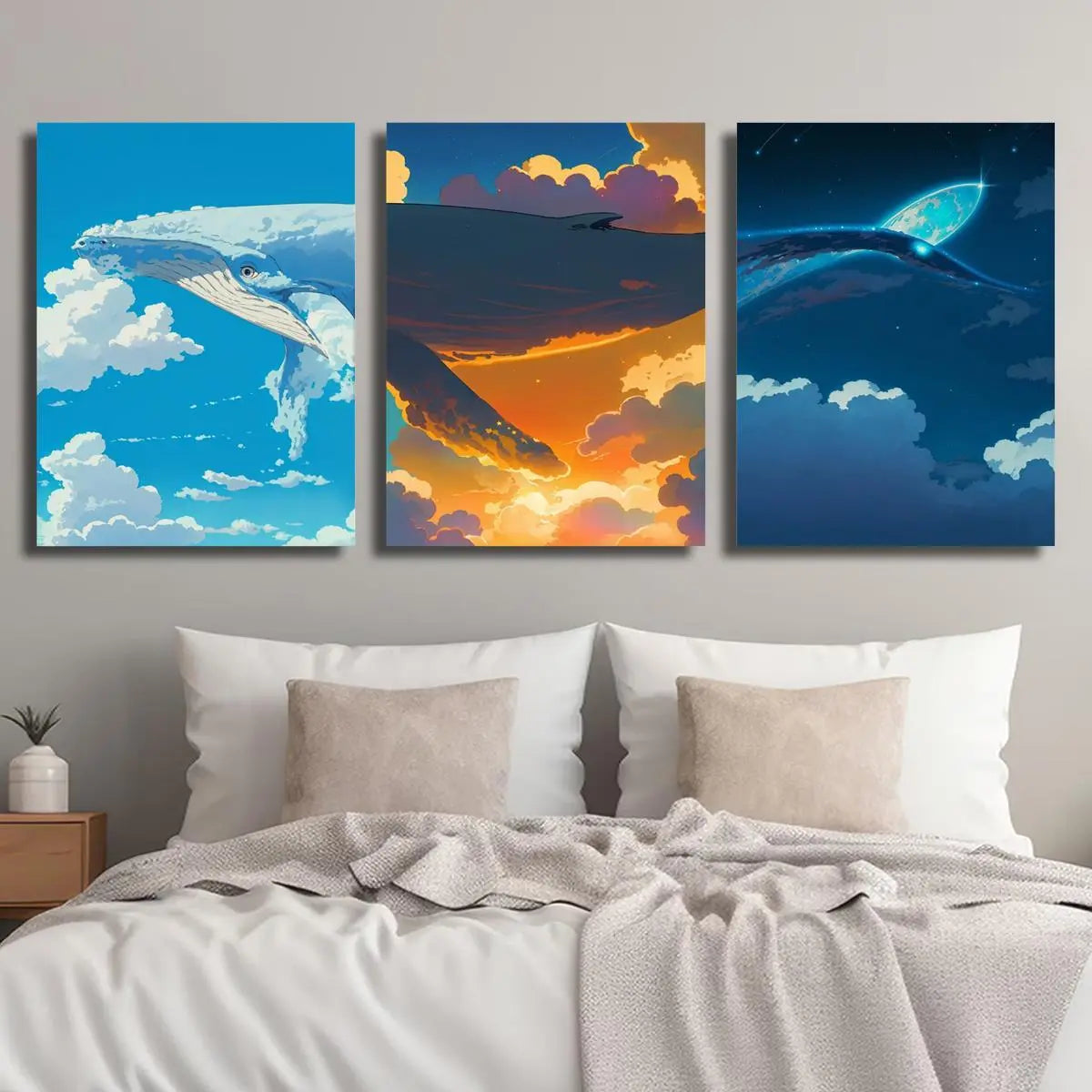 3pcs Flat Humpback Whale Murals with Vibrant Sunset & Fantasy Metal Print Ready to Hang Art