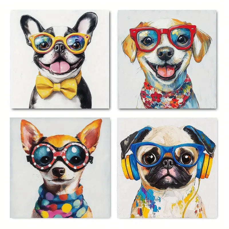4pcs Abstract Dog & Panda Wall Decor With Glasse Wall Art Canvas Framed