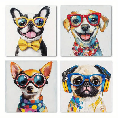 4pcs Dog With Glasses, Bow Ties & Headphones  Wall Art Canvas Framed
