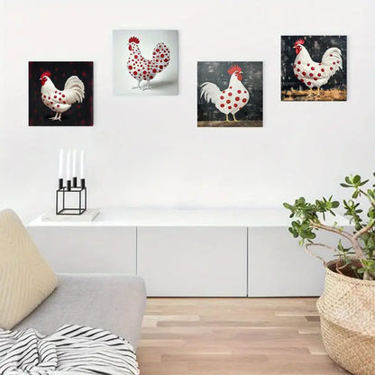 4pcs Rooster Wall Art - Abstract Polka Dot Textu Wall Art Canvas Framed