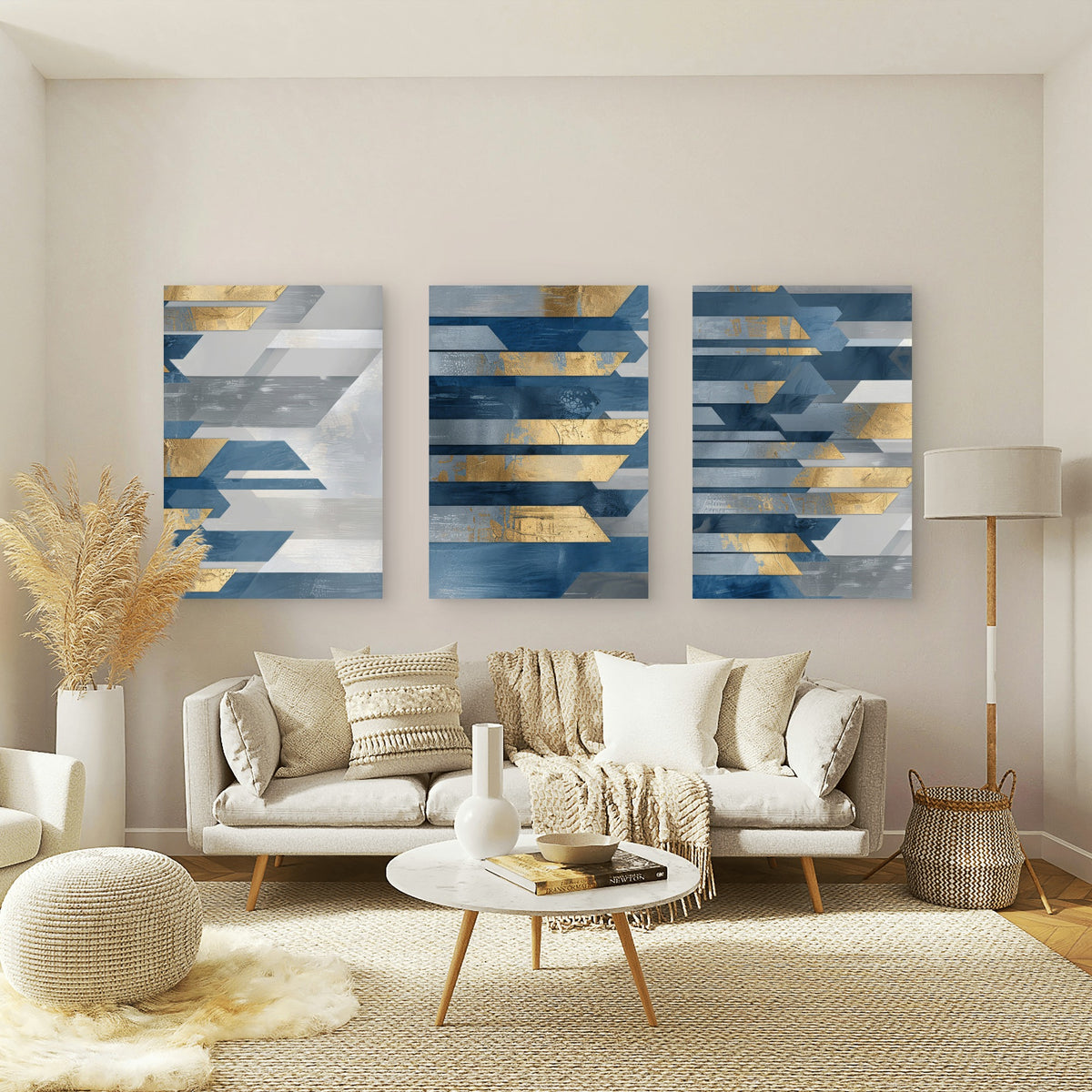 3pcs Modern Geometric Indigo Blue Gold Wall Art Set Canvas Framed 60x90cm - High Quality Print 100% Australian Made Wall Canvas Ready to Hang