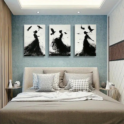 3pcs Silhouettes with Birds and Fluid Black & White Metal Print Ready to Hang Art