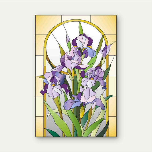 Purple Irises in Elegant Stained Glass 60x90cm Metal Print Ready to Hang