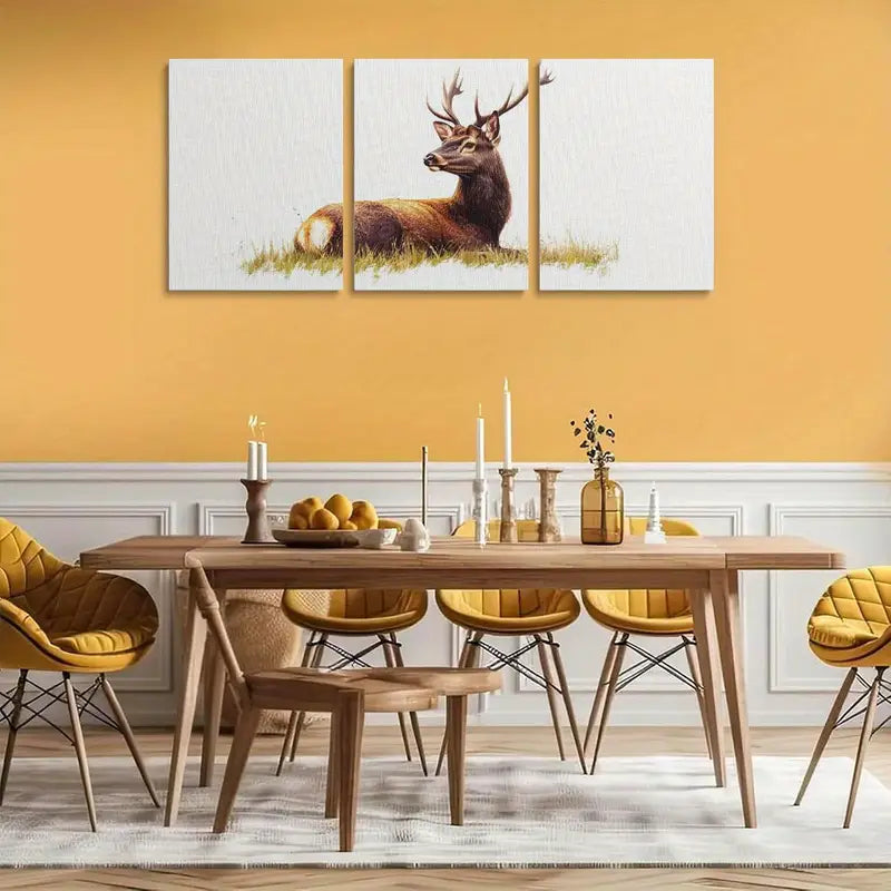 3pcs Elegant Brown Deer with Golden Antlers on Grass Metal Print Ready to Hang Art