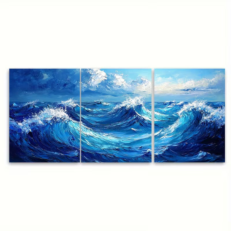 3pcs Abstract Blue Sea Wave Metal Print Ready to Hang Art