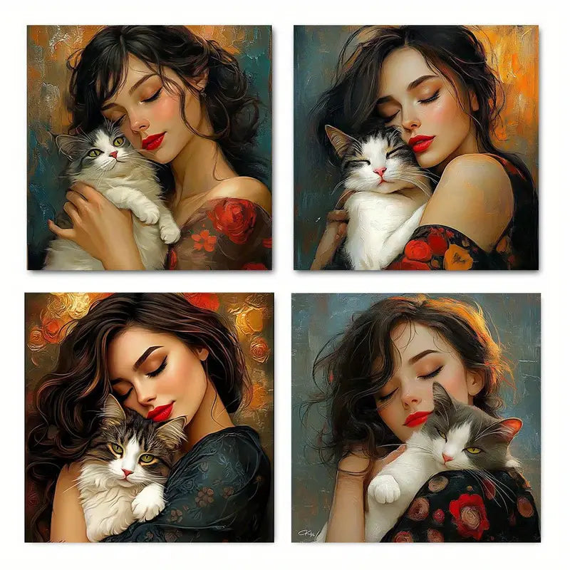 4pcs The Woman Holding Cat Wall Art Canvas Framed