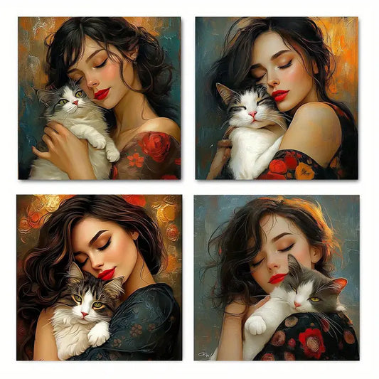 4pcs The Woman Holding Cat Wall Art Canvas Framed