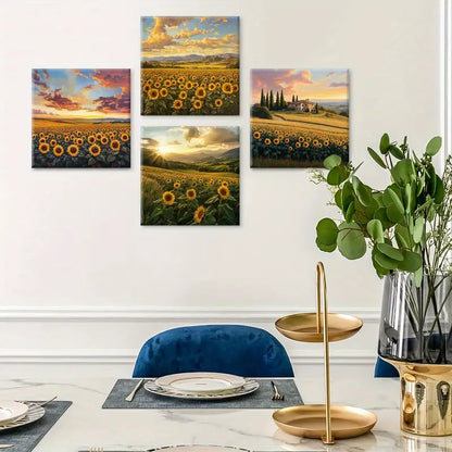 4pcs Sunflower Fields, Mountain Scenes  Wall Art Canvas Framed