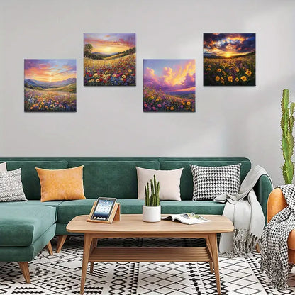 4pcs Sunset Wildflower Field Wall Art Canvas Framed