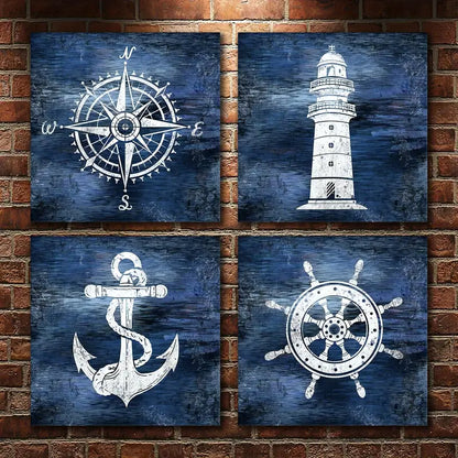 4pcs Boat Anchor,Compass & Lighthouse In Navy B Wall Art Canvas Framed