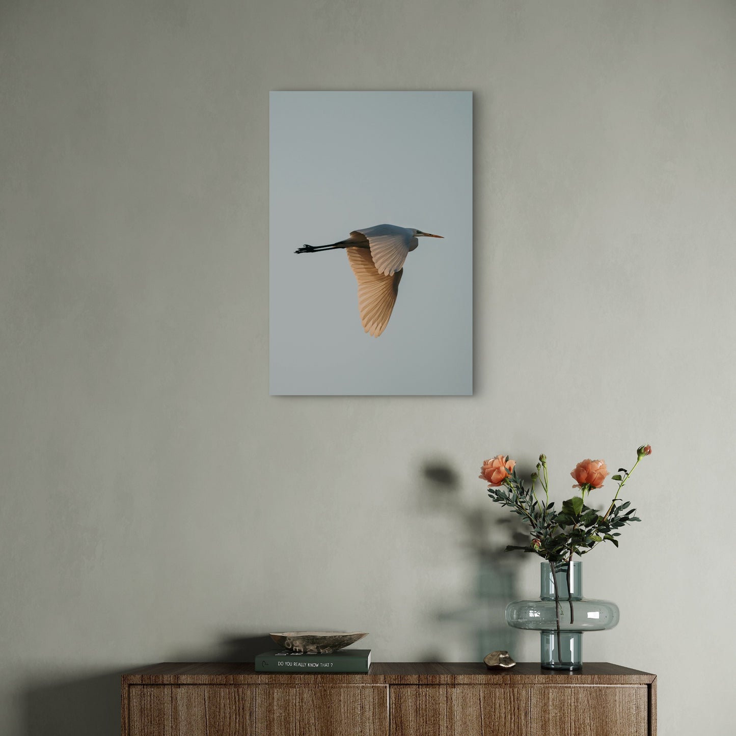 A Great Egret in Flight Against a Pale Sky 40x60cm Metal Print Ready to Hang