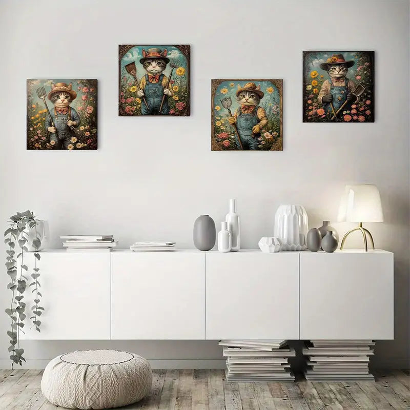 4pcs  Vintage Cat Gardener RT    Wall Art Canvas Framed