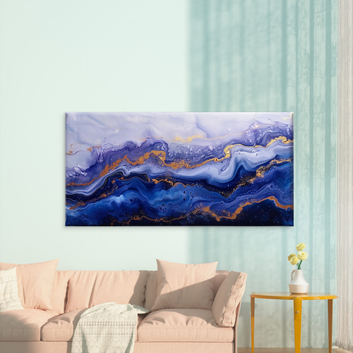 Ethereal Indigo Gilded Fluid Wall Art Canvas Office Home Room Framed 120x60cm