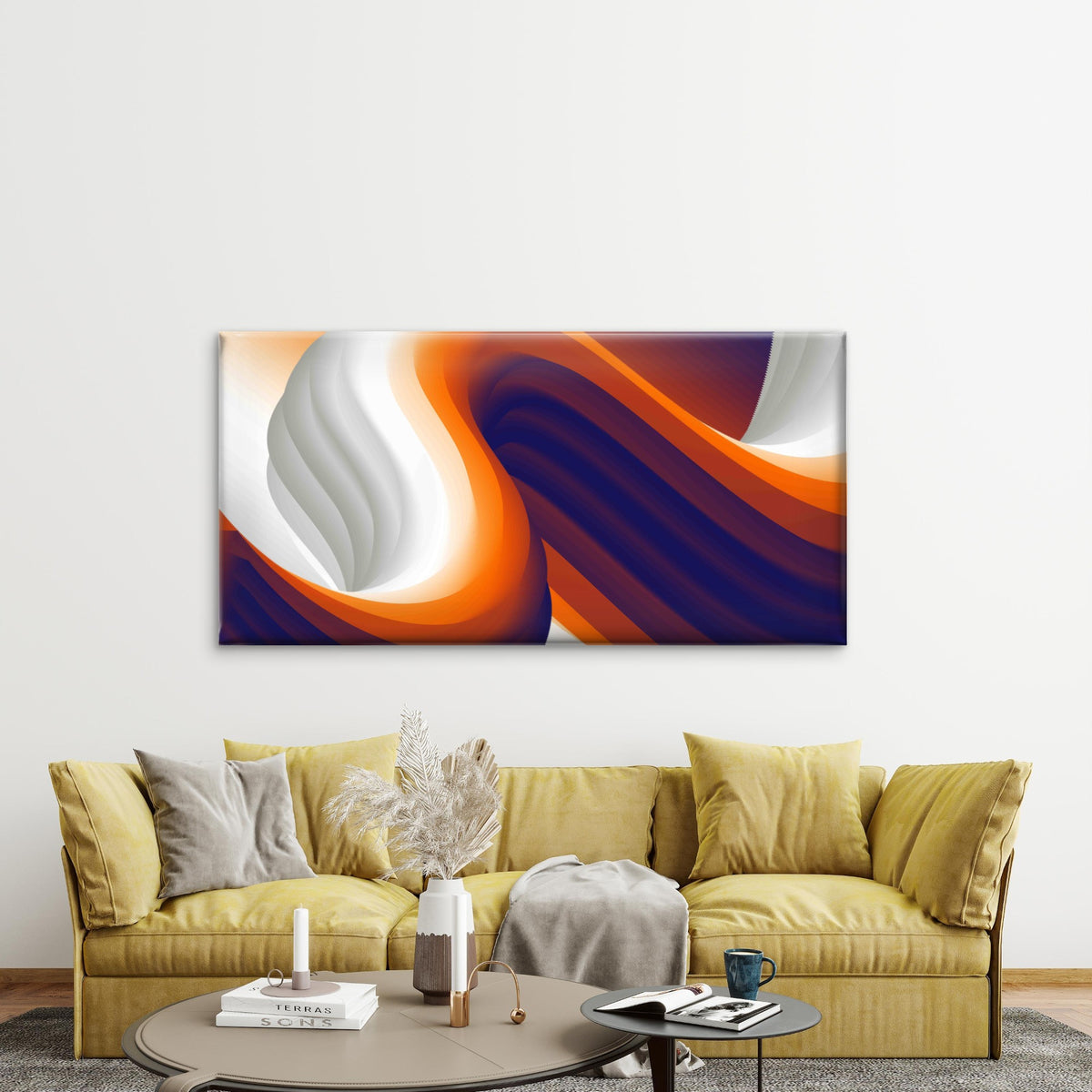 Abstract Blue Orange Curved Lin Wall Art Canvas Office Home Room Framed 120x60cm