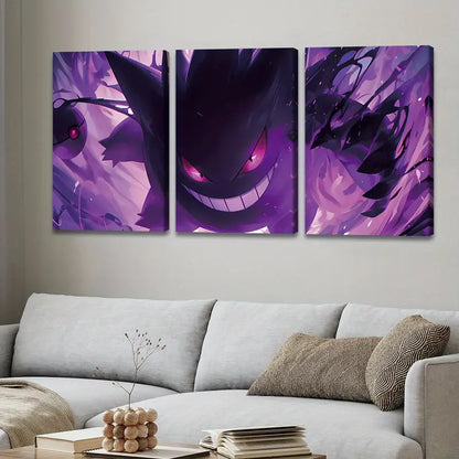 3pcs Pocket Elf & Gastly Pet Fight Anime Wall Art Set Canvas Framed 50x70cm - High Quality Print 100% Australian Made Wall Canvas Ready to Hang