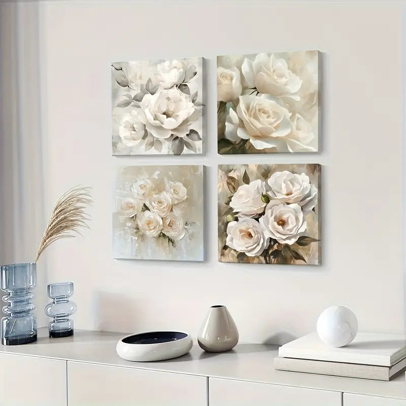 4pcs Romantic Aesthetic White Roses   Wall Art Canvas Framed