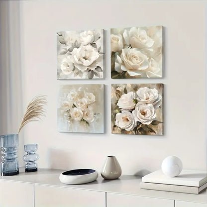4pcs Romantic Aesthetic White Roses   Wall Art Canvas Framed