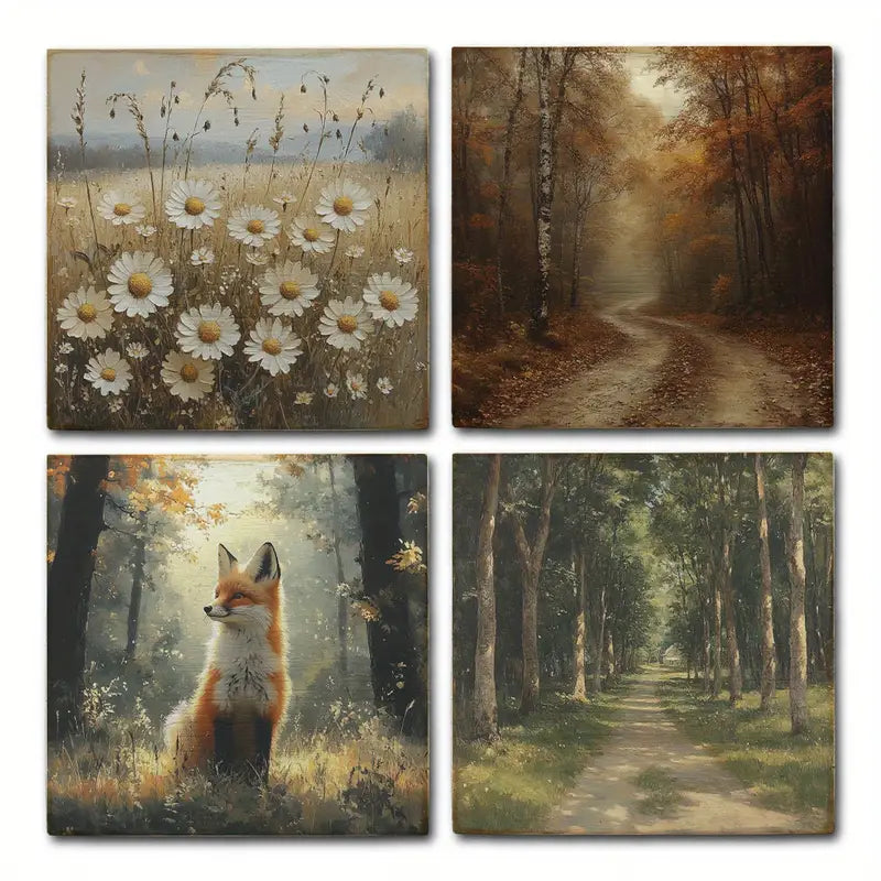 4pcs Fox With White Flowers, Forest Wall Art Canvas Framed