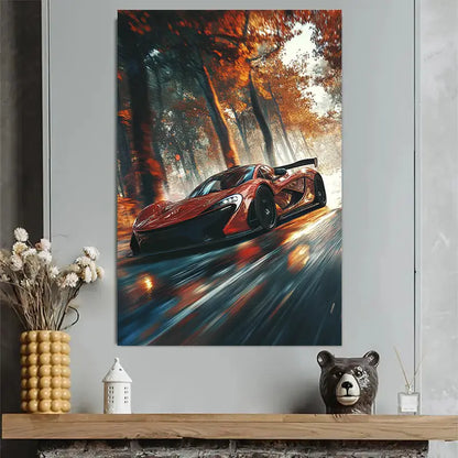 Red Maple Racing Car Autumn Art Poster 40x60cm Metal Print Ready to Hang