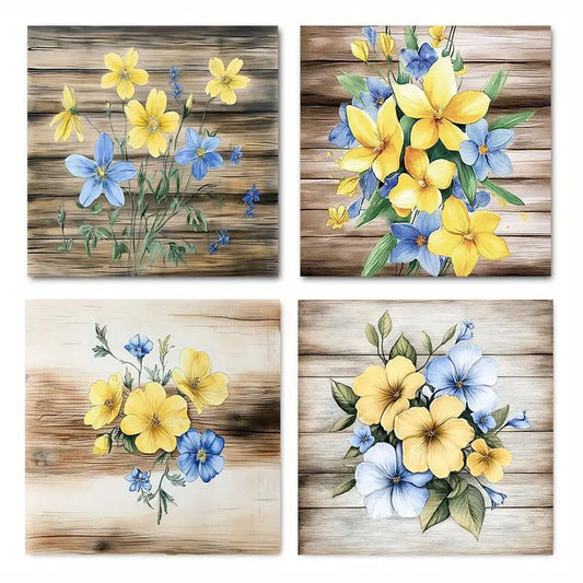 4pcs Blue and Yellow Flower and Butterf Wall Art Canvas Framed
