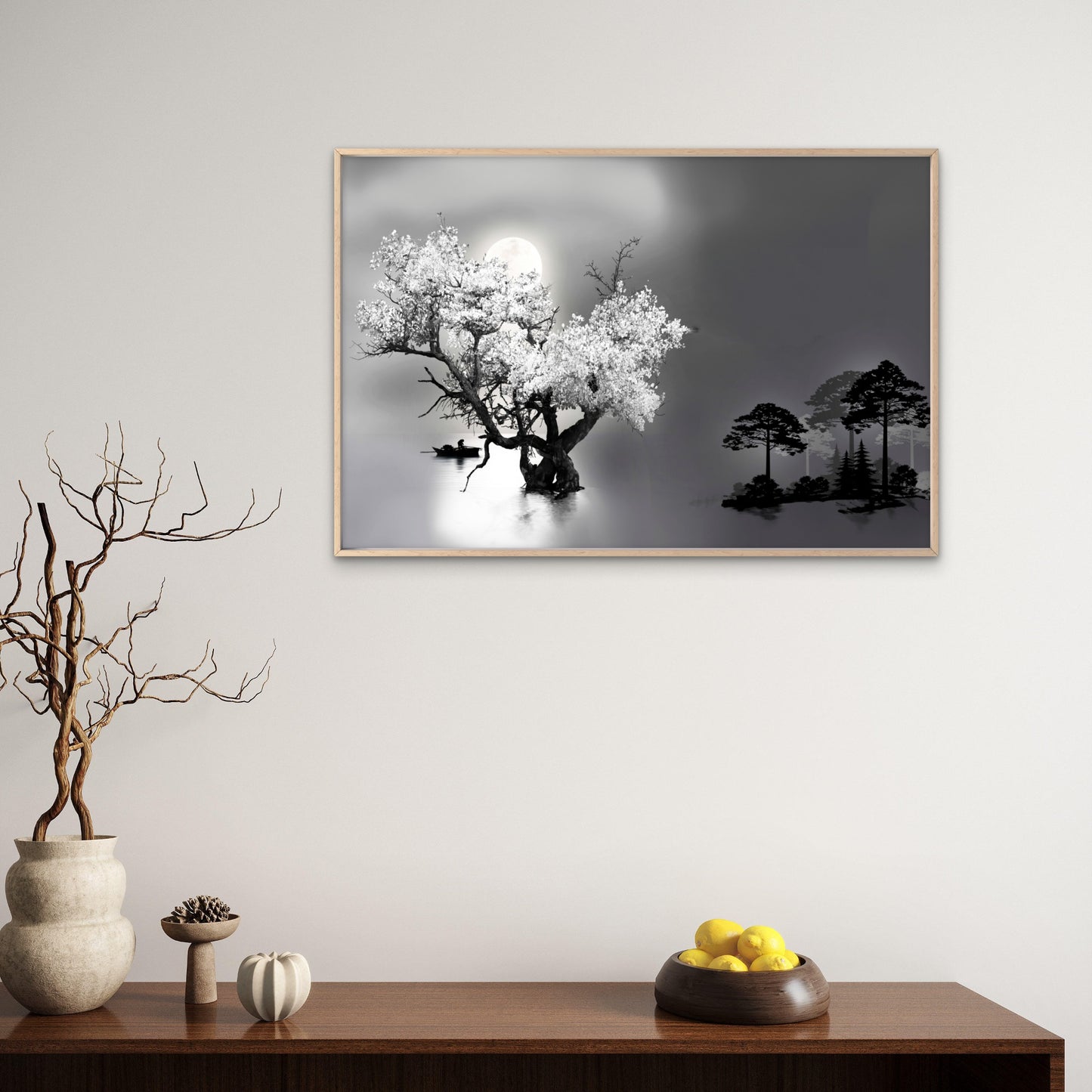 Black And White Lake Night Moon Sky Wall Art Decor 100% Australian Made