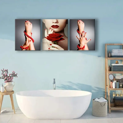 3pcs Beauty Portrait With Red Rose & Lips Design Metal Print Ready to Hang Art