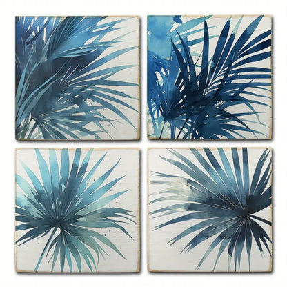 4pcs Blue Colour Plam Leaves Wall Art Canvas Framed