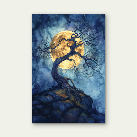 Gnarled Tree Full Moon Night Sky Blue Yellow Watercolor Fantasy Art 40x60cm Metal Print Ready to Hang