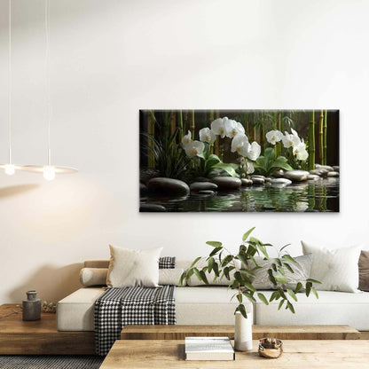 Bamboo Pond with White Orchids Wall Art Canvas Office Home Room Framed 120x60cm