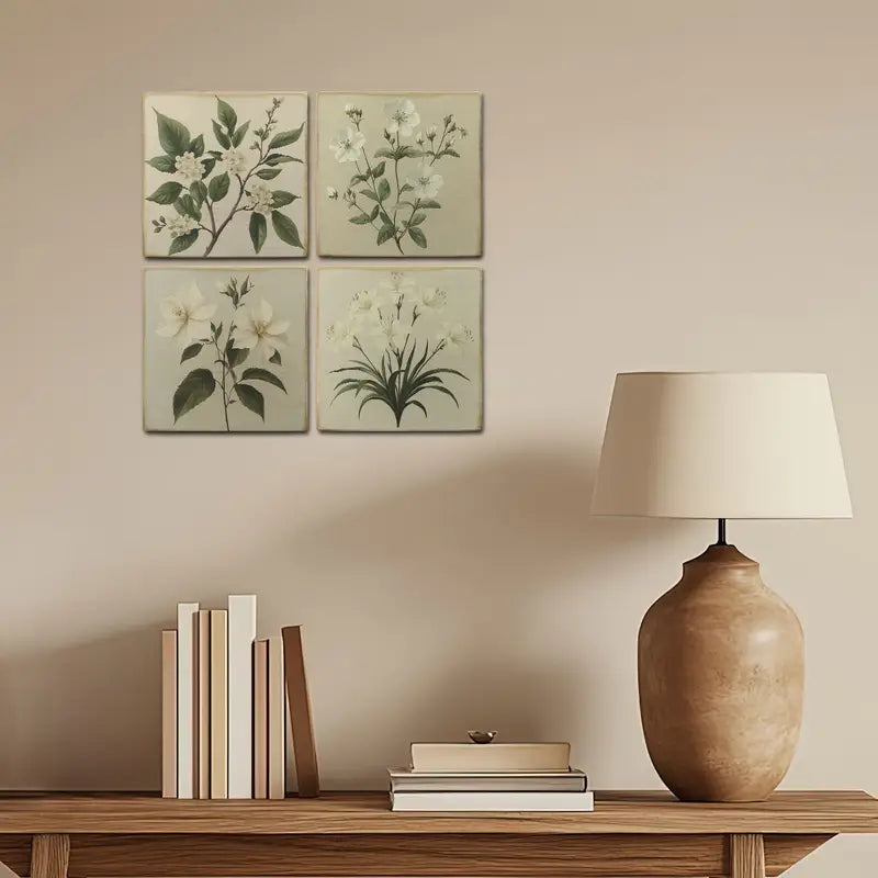 4pcs White Flowers With Green Leaves Wall Art Canvas Framed