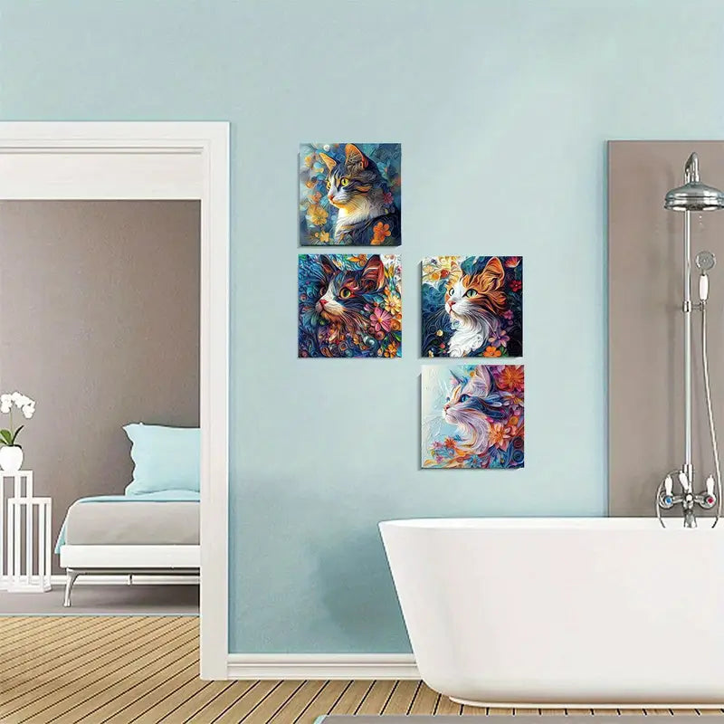 4pcs Whimsical Doodle Cute Kittens CK Wall Art Canvas Framed