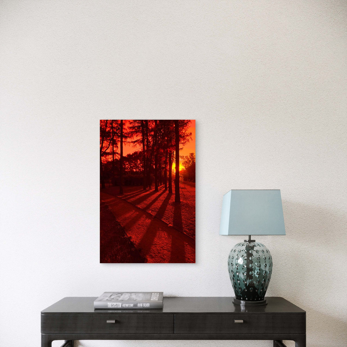 Tree Shadows In Red Sunset Metal Print Ready to Hang