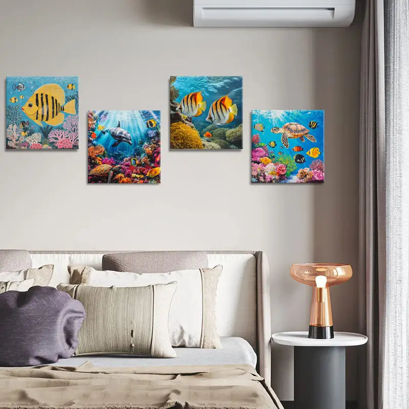 4pcs Marine Life Wall Art Decor, Coral Reefs  Wall Art Canvas Framed