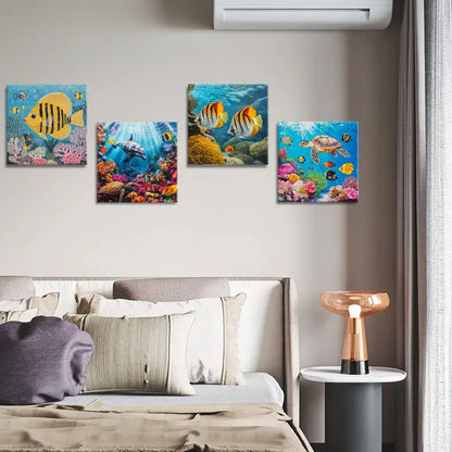 4pcs Marine Life Wall Art Decor, Coral Reefs  Wall Art Canvas Framed
