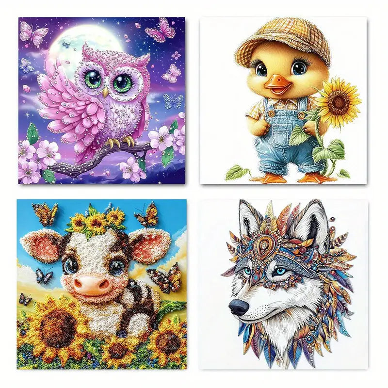 4pcs Small animal Wolf cow duck  Wall Art Canvas Framed