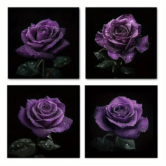 4pcs  Purple Flower Dew Decorative  fy    Wall Art Canvas Framed