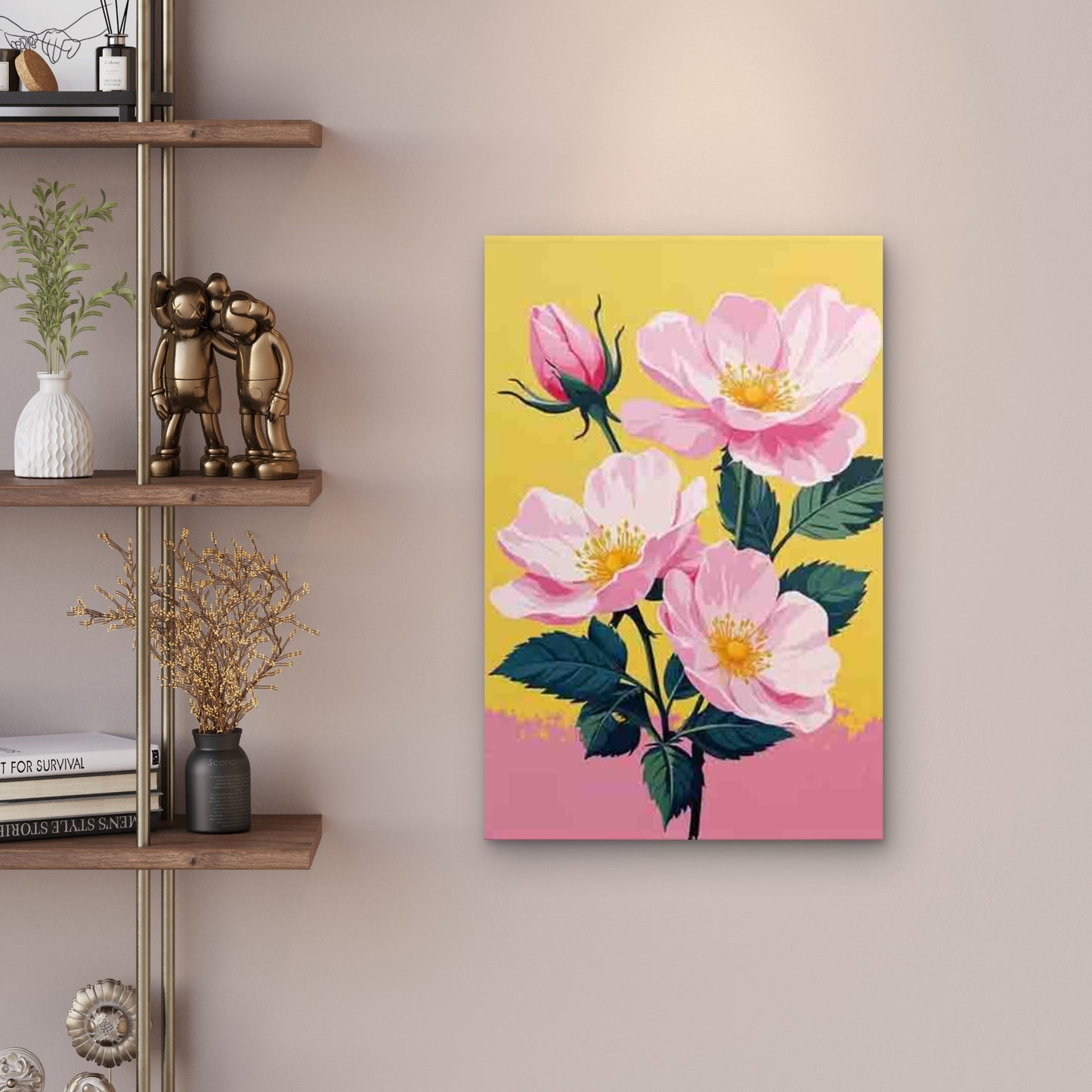 Pink Rose on Yellow Background Retro Metal Print Ready to Hang
