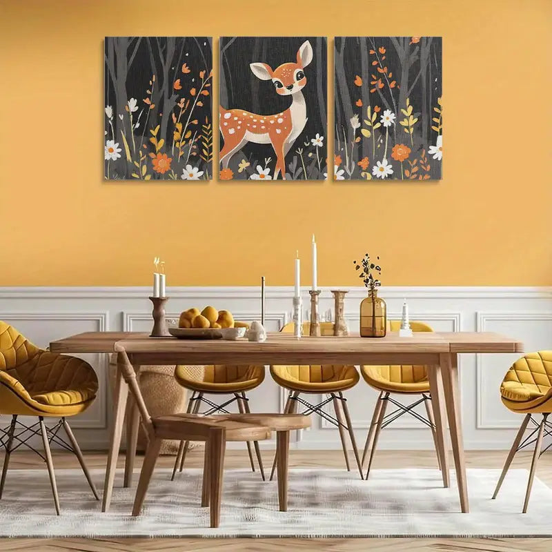 3pcs Vibrant Forest Scene with Detailed Foliage Deer Metal Print Ready to Hang Art