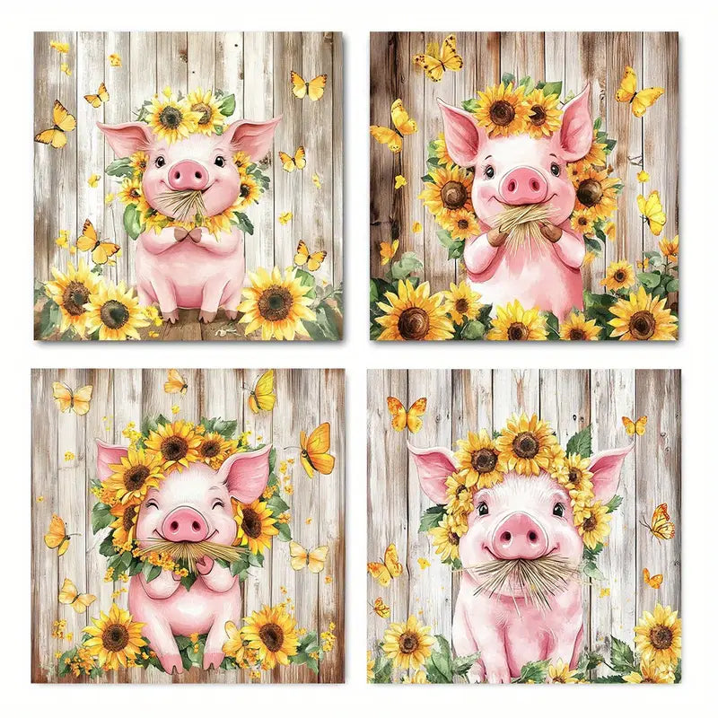 4pcs Funny Farmhouse Pig And Dais Wall Art Canvas Framed
