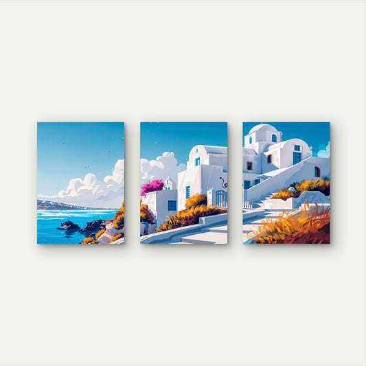 3pcs Greece Santorini Coastal White Architecture Wall Art Set Canvas Framed 40x60cm - High Quality Print 100% Australian Made Wall Canvas Ready to Hang
