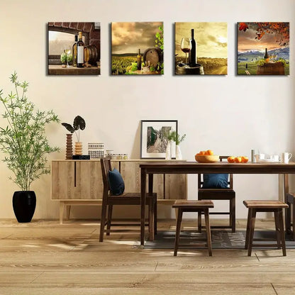 4pcs Grapevines, Barrels, And Wine Glasses  Wall Art Canvas Framed