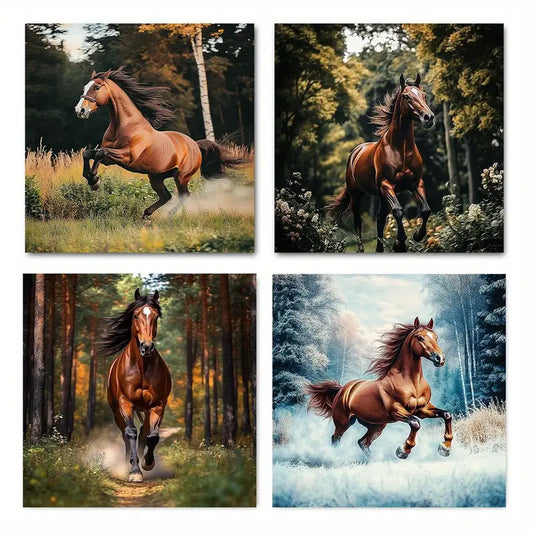 4pcs Horse In The Forest Wall Art Canvas Framed