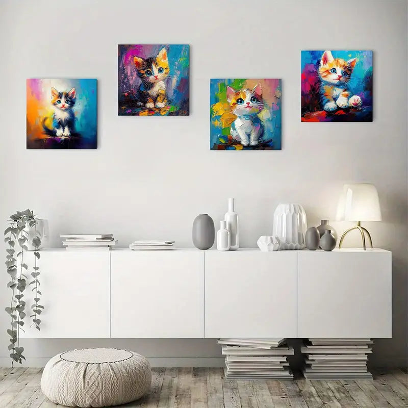 4pcs Abstract Doodle Cute Kitten  Wall Art Canvas Framed