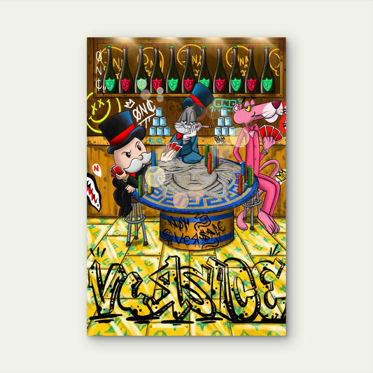 Cartoon Poker Game Luxury Bar 60x90cm Metal Print Ready to Hang