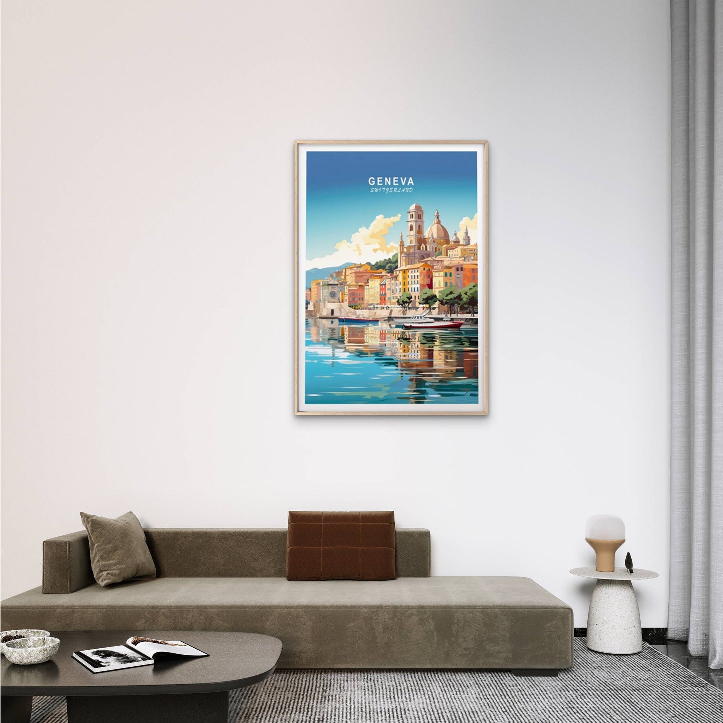 Geneva Switzerland, Coast Houses & Boats Travel Poster Print Wall Art